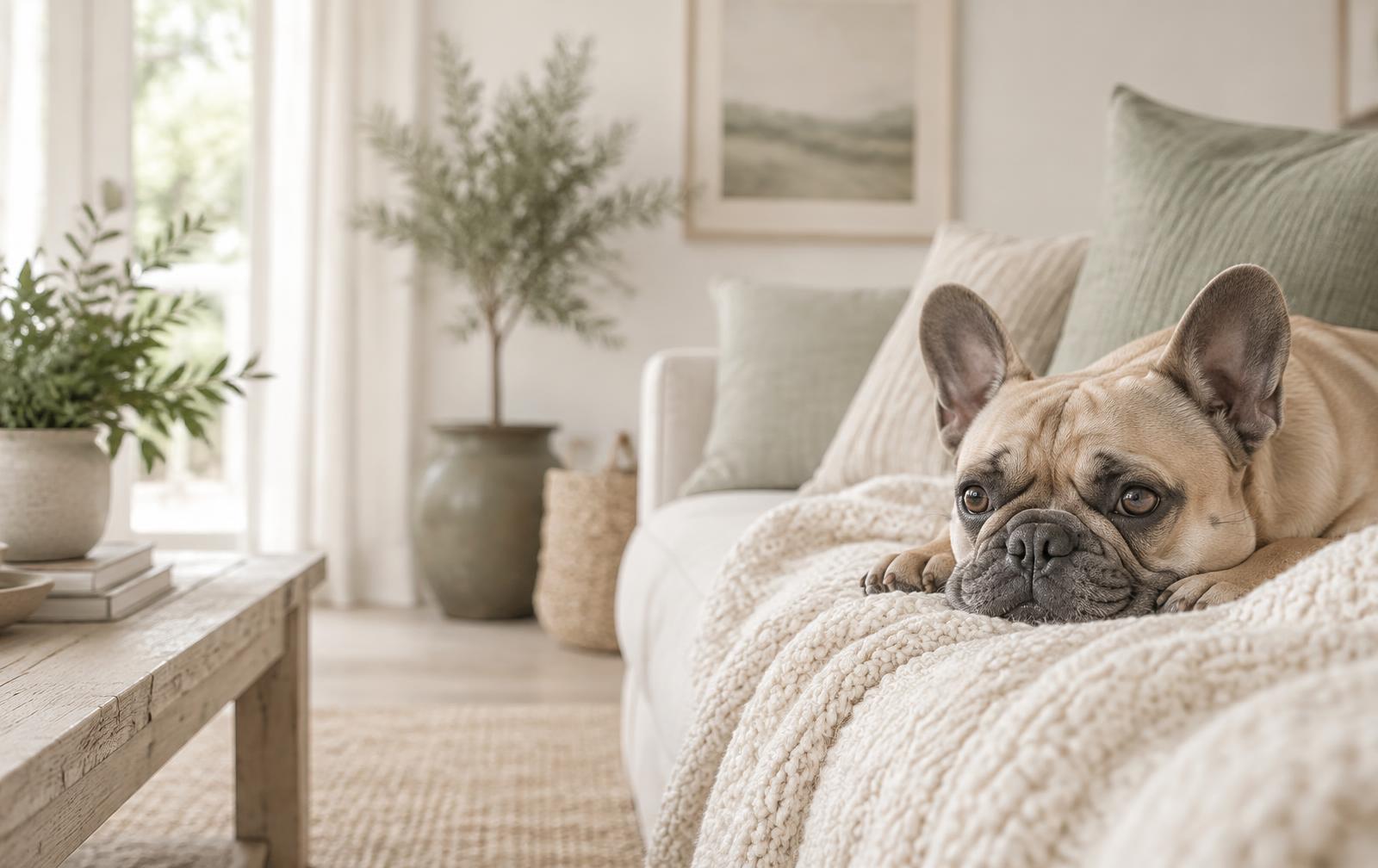 A calm French Bulldog resting on a soft blanket