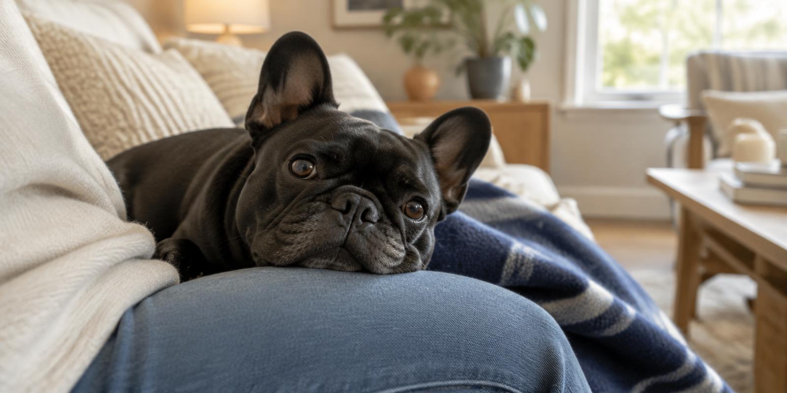 Illustrative photo: a French Bulldog resting its head on a person's lap